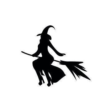 Silhouette of witch on broom against white background
