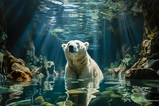 a white bear is bathing in a pond, above him there is also water,, animal memes, humorous, funny