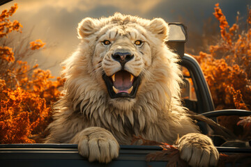 a big lion is sitting in a safari car, animal memes, humorous, funny - obrazy, fototapety, plakaty
