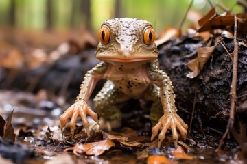 close-up of a small frog in the forest, animal memes, humorous, funny