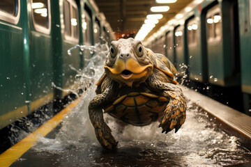 a turtle is running and jumping in the middle of the train platform, animal memes, humorous, funny - obrazy, fototapety, plakaty