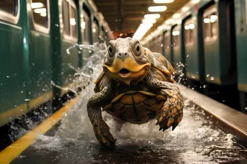 Fotobehang a turtle is running and jumping in the middle of the train platform, animal memes, humorous, funny © VicenSanh