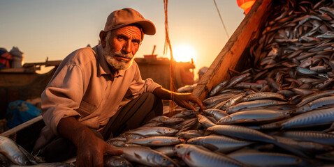 Proud Fisherman's Display. In an Arabian Fishing Village, a Traditional Fisherman Exhibits His Haul.

 - obrazy, fototapety, plakaty