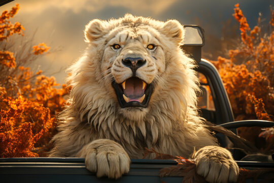 a big lion is sitting in a safari car, animal memes, humorous, funny
