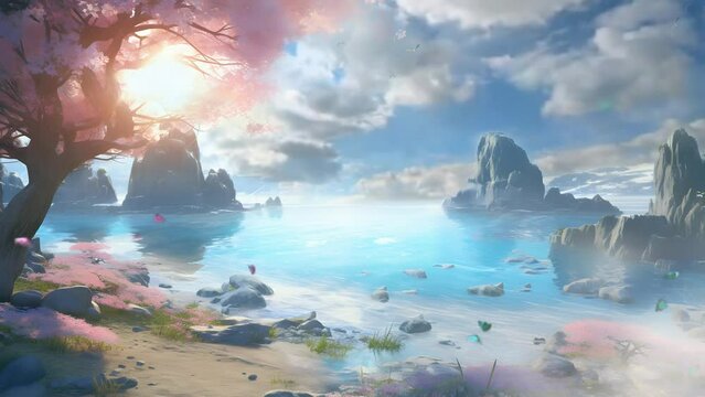 Beautiful fantasy nature beach landscape. seamless looping video animation virtual background