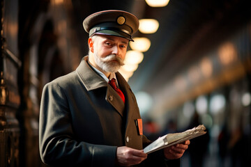 Russian Railway Professional: Dedicated Male Train Conductor at Work - obrazy, fototapety, plakaty