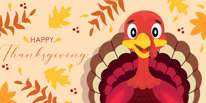 Beautiful Greeting Card For Happy Thanksgiving Day With Cute Turkey