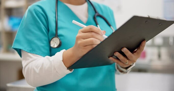 Clinic, information and nurse writing on document, checklist or insurance form at vet, hospital or health care center. Veterinary, person and survey for pet, animal or healthcare paperwork in office