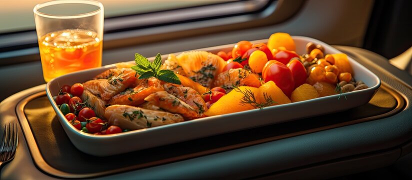 Business class airplane food tray image With copyspace for text
