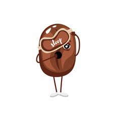 Yawning coffee bean with sleep mask on white background