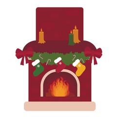 Red fireplace with Christmas decor and socks on white background