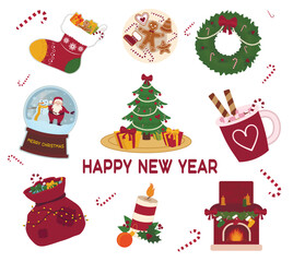 Fototapeta na wymiar Beautiful greeting card for Happy New Year with symbols on white background