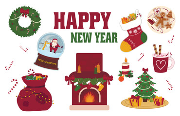 Beautiful greeting card for Happy New Year with symbols on white background