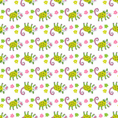 Doodle seamless pattern with opossums and daisy flowers. Perfect print for tee, textile and fabric. Floral illustration for decor and design.
