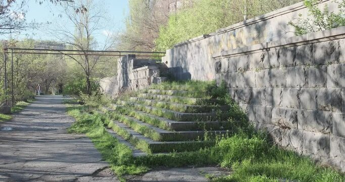 Discover old, grass-covered stone steps near a wall. They ascend to a bridge or elevated area. Surroundings appear neglected with overgrown grass and weeds