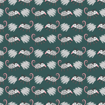 Hand drawn seamless pattern with opossums and spots. Perfect print for tee, textile and fabric. Doodle illustration for decor and design.