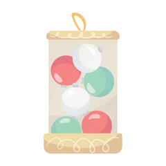 Box with Christmas balls on white background