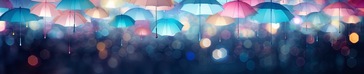 Blurred out rainy abstract background with umbrellas and lots of bokeh and room for text.