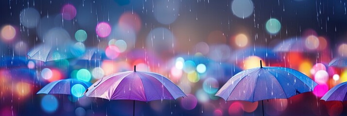 Blurred out rainy abstract background with umbrellas and lots of bokeh and room for text. - obrazy, fototapety, plakaty