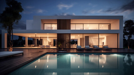 Fototapeta na wymiar Modern luxurious home. Pool, blue hour night. Warm lights from windows and reflections in pool. White and wood style architecture.