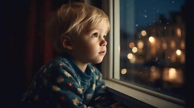 Christmas concept. Toddler child, cute blond boy, sitting on the window in pajama, looking out for Satna Claus with smile, Christmas lights around him
