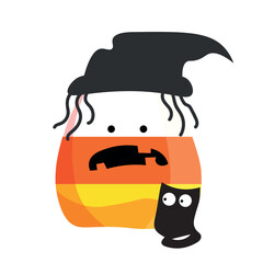 Creepy Halloween corn candy with cat and witch's hat on white background