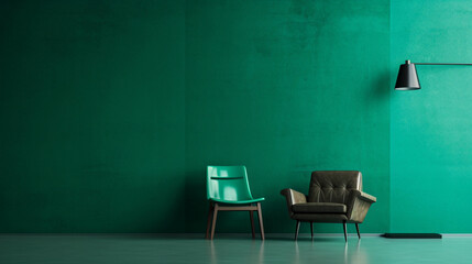 Emerald green wall with chairs. Background with copy space.