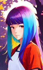 Obraz premium Anime girl waifu portrait in neon lights, veaporwave, synthwave, retro. girl with purple hair and neon lights.