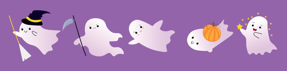 Set of cute ghosts on purple background. Halloween celebration
