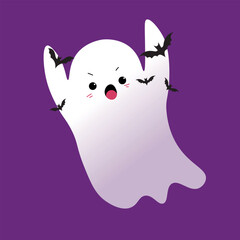 Cute ghost and bats on purple background