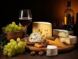 Cheese board with different varieties and glass of wine. AI