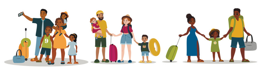 Group of happy families with packed belongings on white background