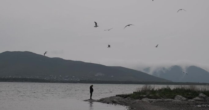 Capture the silhouette of a man against the backdrop of a mountain lake on a cloudy day, surrounded by numerous soaring seagulls, creating a moody and atmospheric scene.