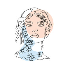 Beautiful drawn woman with flowers on white background