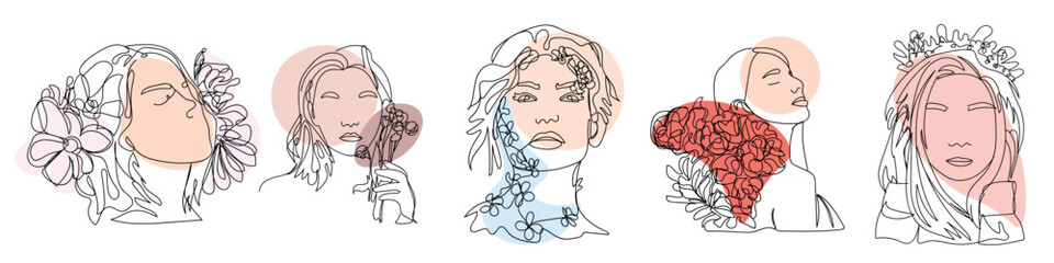 Set of beautiful drawn women with flowers on white background