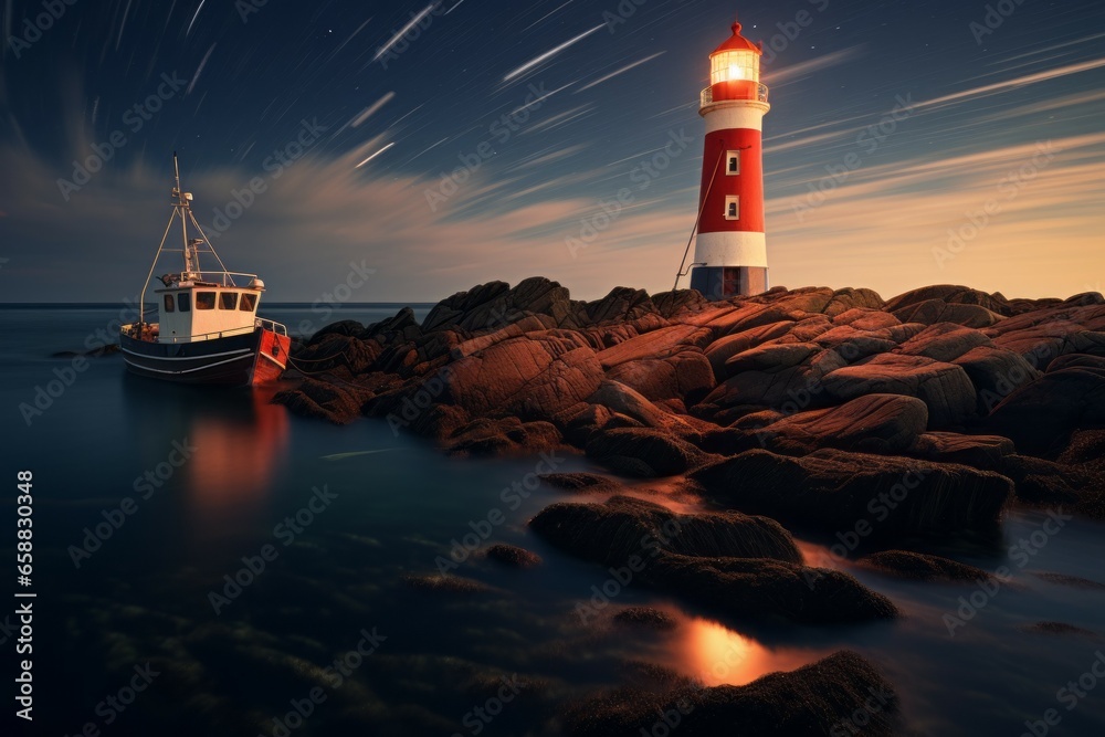 Wall mural lighthouse on the seashore. background with selective focus and copy space