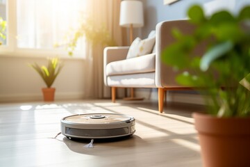 Robot vacuum cleaner with selective focus on blurred background of home interior