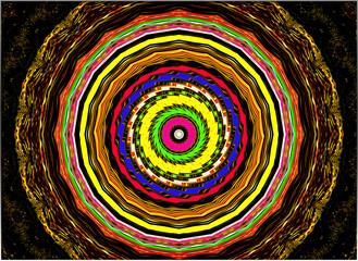 Abstract, Strong Grunge Style Colours, with a Circular Design, set against Black, 3d, within a Border