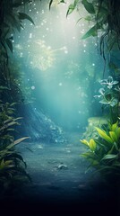 Fototapeta premium Blurred out jungle forest abstract background with lots of bokeh and a sunrays and room for text