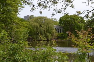 gazebo in a cemetery across a lake