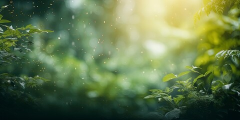 Naklejka premium Blurred out jungle forest abstract background with lots of bokeh and a sunrays and room for text