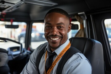 Male Travel Agent on a bus, top in-demand profession concept. Portrait with selective focus and copy space
