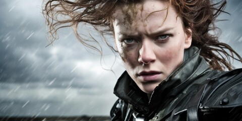 a woman with wet hair in the rain