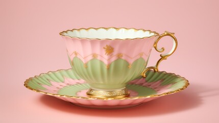 a teacup and saucer with gold trim