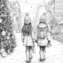 two girls walking down the street in winter