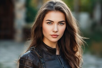 a woman with long hair wearing a black leather jacket - obrazy, fototapety, plakaty