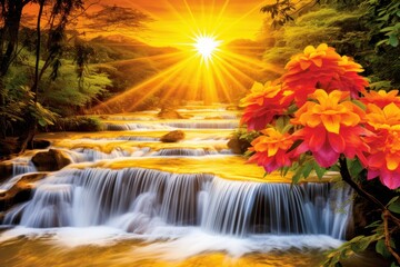 Obraz premium a waterfall with flowers and sun