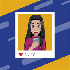 Vector de mujer mirando su teléfono, mujer sorprendida con algo en su teléfono, ilustración de redes sociales, concepto creativo digital