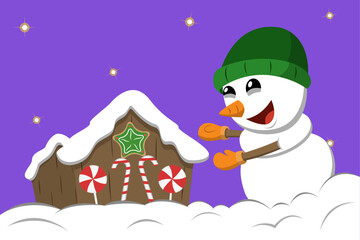 Vector navideño con muñeco de nieve, casa navideña hecha con nieve y dulces, ilustración navideña, ilustración de dibujo animado navideño