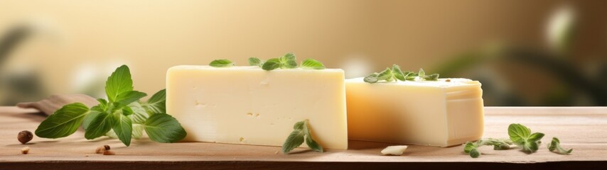 a block of cheese with leaves on top - obrazy, fototapety, plakaty